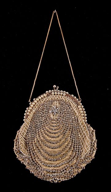 Evening bag. American, ca. 1915. Made of silk, rhinestones, pearl beads and meta...