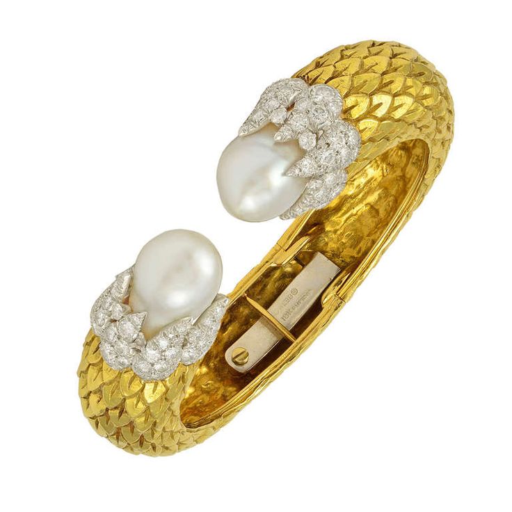David Webb Two Tone Pearl Diamond Cuff Bracelet | From a unique collection of vi...