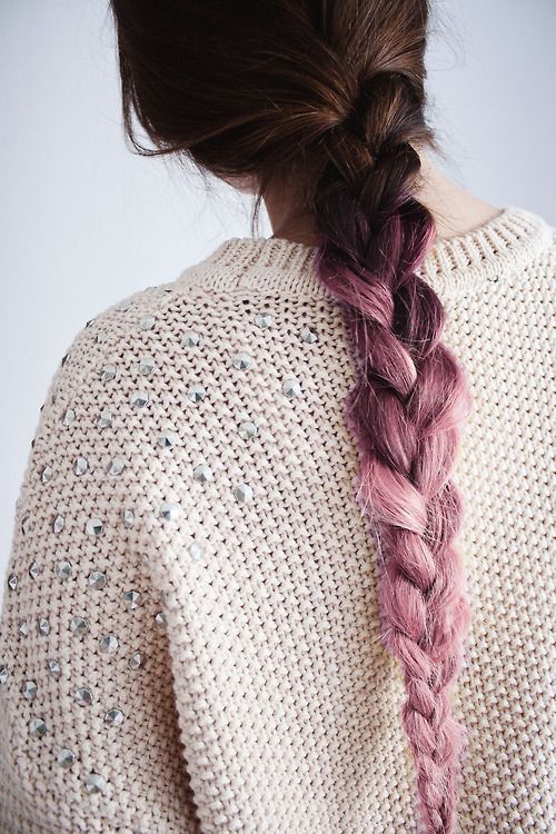 Long braid. Brunette and pink hair.