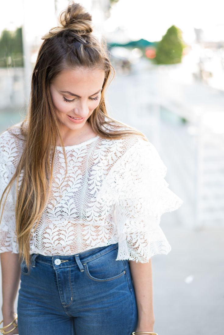 how to style sheer tops. Storets lace top, levi's high rise jeans, charles david...