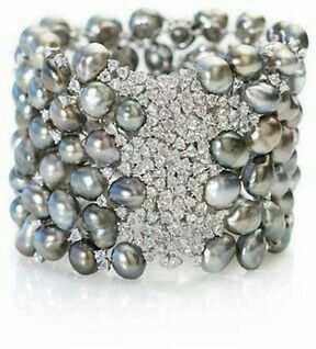 Grey Pearls and Diamonds cuff bracelet