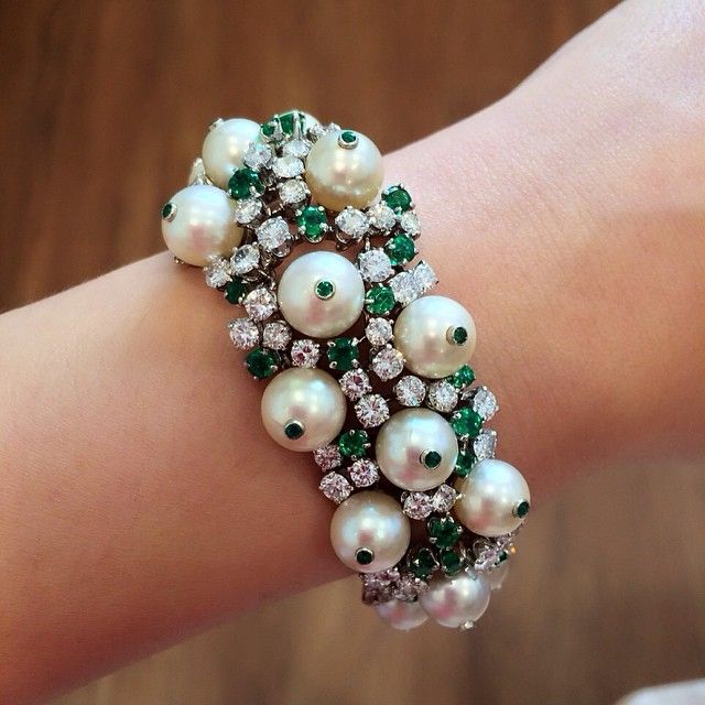 A #glamourous #retro #diamond #cultured #pearl and #emerald #bracelet, circa 195...