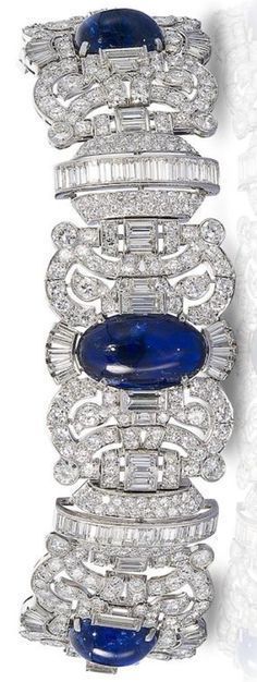 An Art Deco sapphire and diamond bracelet, circa 1935. The wide articulated stra...