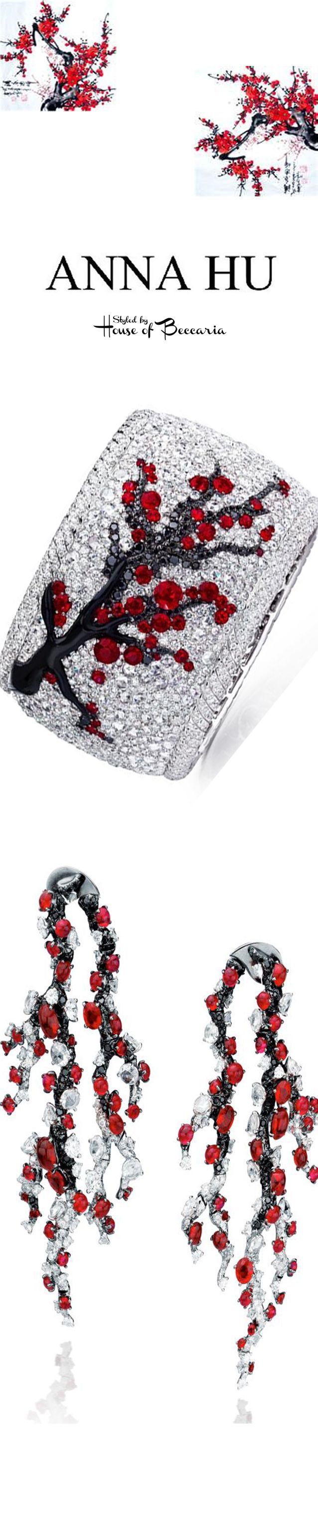 ~Anna Hu Winter Plum Earrings & Japanese Cherry Blossom Ruby, Onyx, Black & Whit...