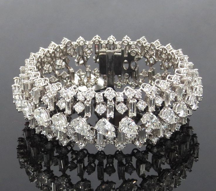 Estate 40.0ct Pear Round & Baguette Cut Diamond Platinum Wide Dome Bracelet