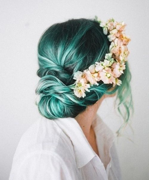 Colored Hair updo. Flowers crowns. Tumblr inspired look for girl.