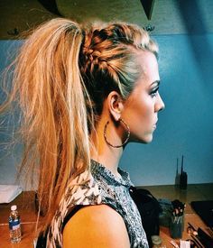 Long hair high pony  tail with 3 braids. Hairstyle inspiration. Rocker hair.
