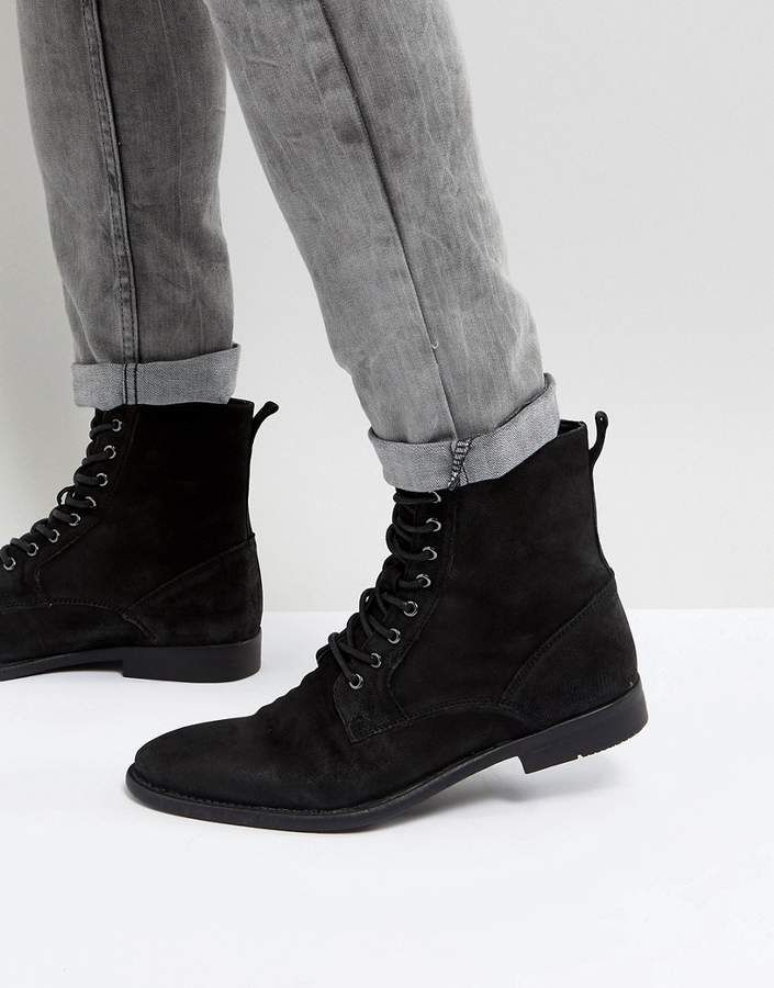 ASOS Lace Up Boots In Black Leather With Distressed Sole