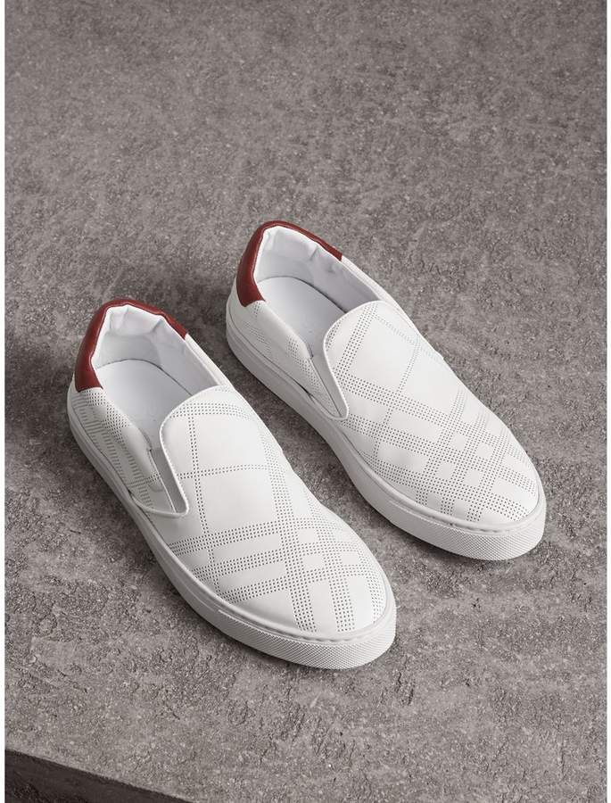 Burberry Perforated Check Leather Slip-on Sneakers
