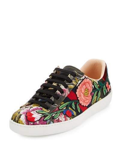 Gucci New Ace Men's Floral Leather Low-Top Sneaker, Black