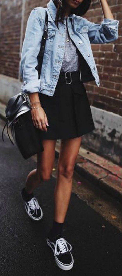 Denim jacket + mini skirt + leather belt