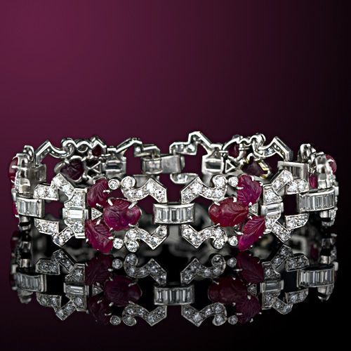 Art Deco Carved Ruby Diamond Platinum Bracelet #TuscanyAgriturismoGiratola #ruby...