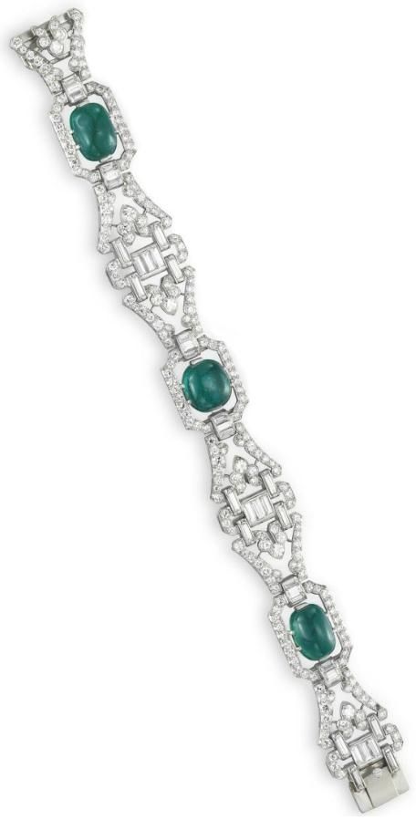 Art Deco diamond and emerald bracelet by J.E. Caldwell, circa 1930. Via Diamonds...