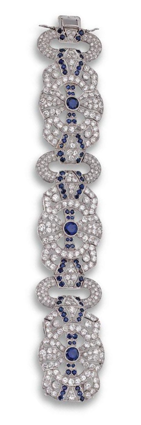Best Diamond Bracelets : DIAMOND AND SAPPHIRE BRACELET, FRENCH, CIRCA 1930. Designed as three articulate