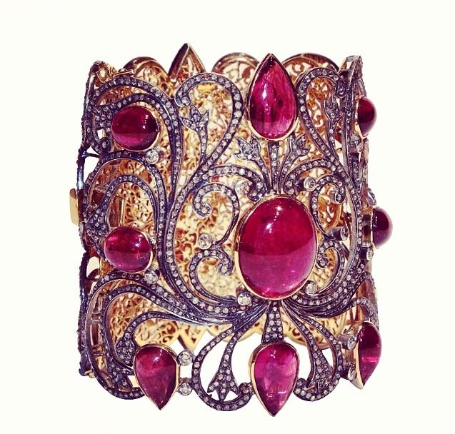 Jaipur gems .Lacy cuff with tourmaline,diamonds and blackened gold