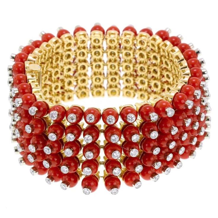 Mediterranean Coral Beaded Diamond Gold Bracelet | From a unique collection of v...