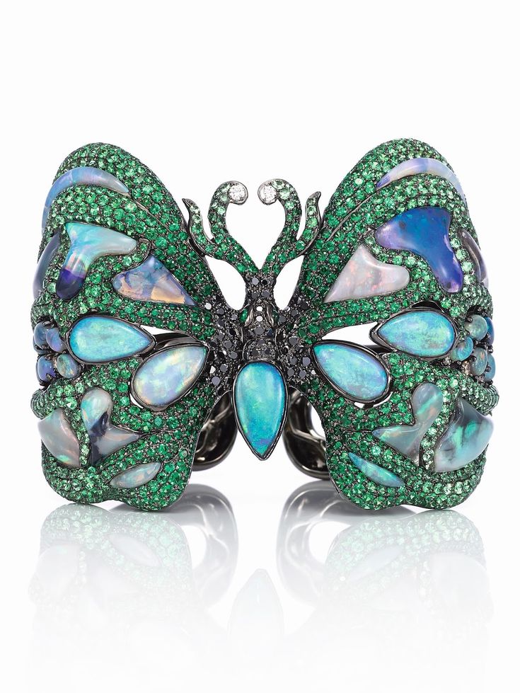 Wendy Yue Butterfly cuff bracelet with opals, tsavorites, black and white diamon...