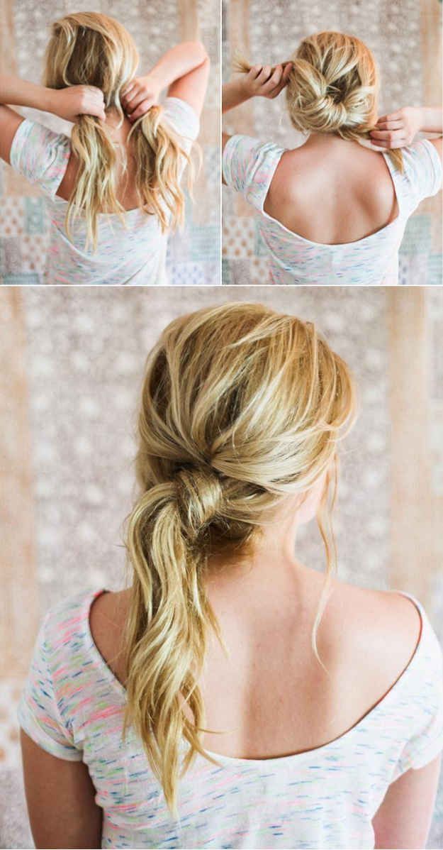 The messy knot hairdo will take your ponytail to the next level.