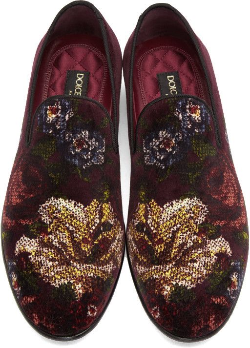 Dolce & Gabbana - Burgundy Velvet Floral Loafers