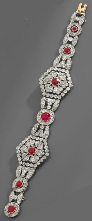 A rare Belle Epoque ruby, diamond and platinum bracelet, by Cartier, circa 1900....