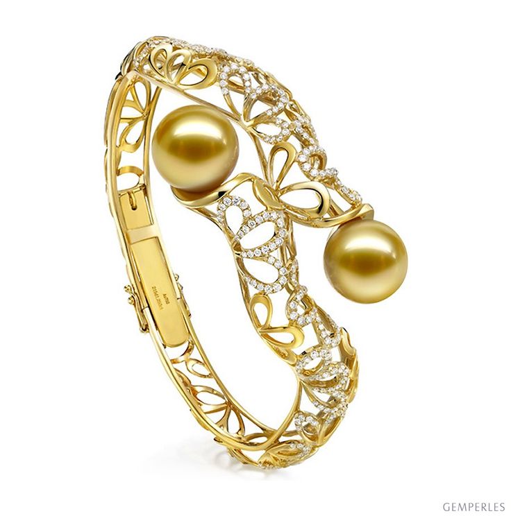 Bracciale rigido oro giallo, diamanti - Perle d'Australia dorate, gold - 13/...