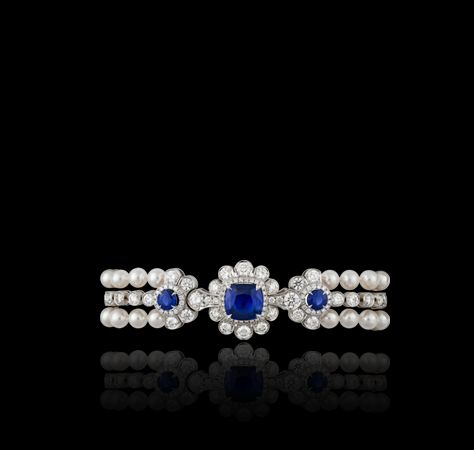 Marguerite sapphire, Akoya pearl and white diamond bracelet. Created in 18ct whi...