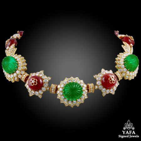 VAN CLEEF & ARPELS Carved Emerald, Ruby,Diamond Necklace-Bracelet Combination