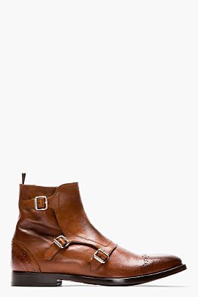 ALEXANDER MCQUEEN Brown leather brogued monk-strap boots