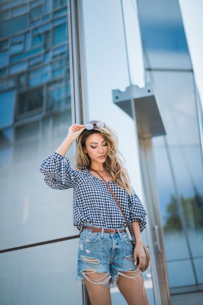 $60 Gingham Puff Sleeve Blouse Teamed With $70 Blue Studded Ripped Denim Boyfrie...