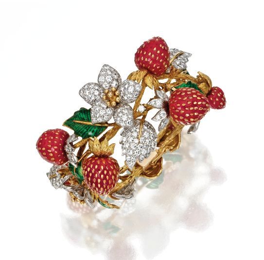 18 Karat Gold, Platinum, Diamond, Coral and Enamel Strawberry Bracelet, Donald C...