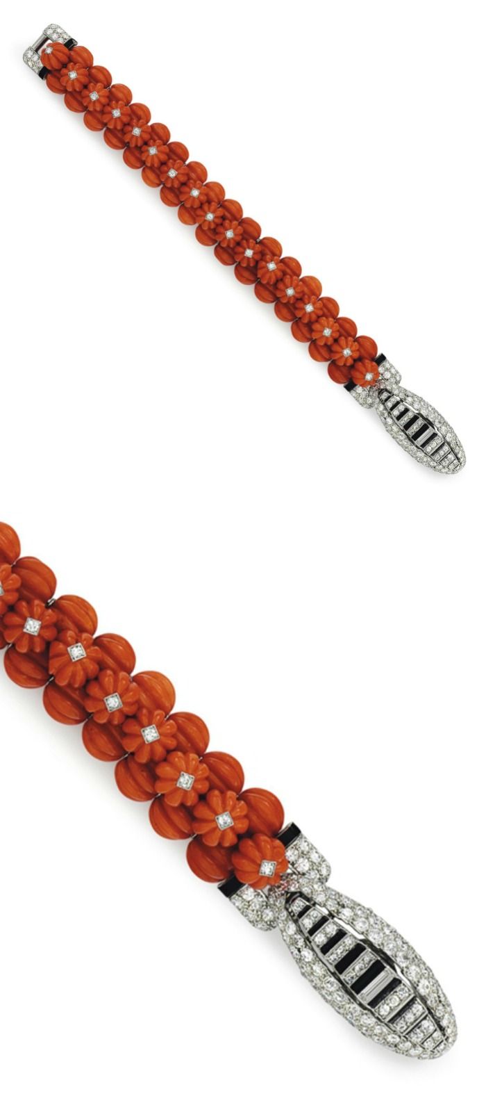 AN ART DECO CORAL, DIAMOND AND ONYX BRACLET, BY CARTIER: Designed as three rows ...