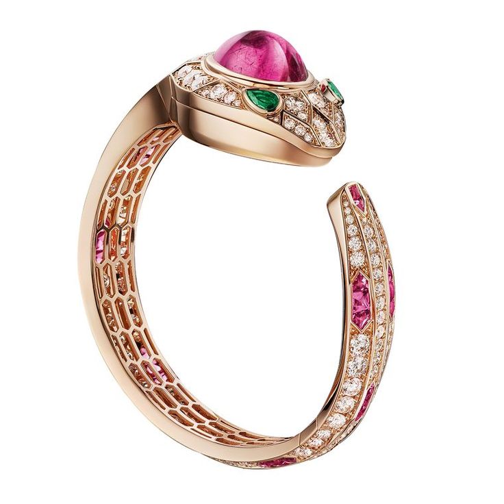 Bulgari Serpenti rose gold and pink tourmaline cabochon secret watch, with emera...