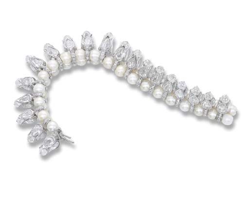 THE DIAMOND AND NATURAL PEARL 'JASMINE' BRACELET, BY BHAGAT The faceted ...