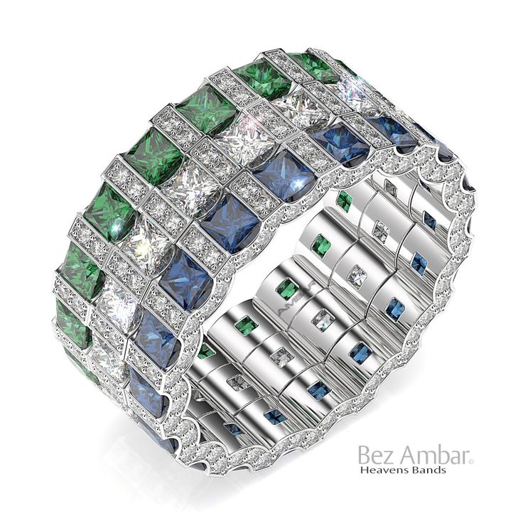 Three Wedding Bands with Princes Sapphires and Emeralds and pave Heaven by Bez A...