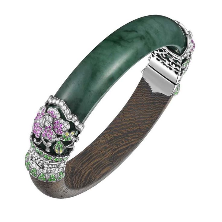 YEWN's Imperial jadeite and wood bangle in blackened white gold with jadeite...