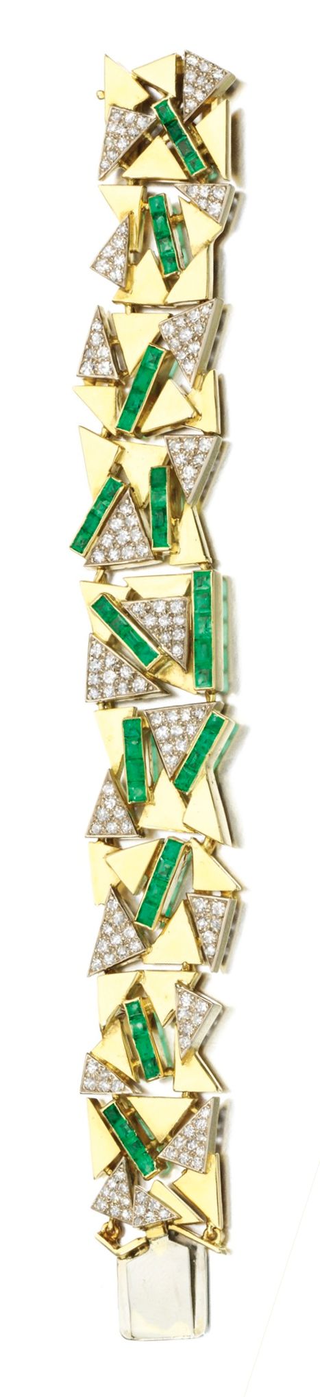 EMERALD AND DIAMOND BRACELET, 1970S. Of paved geometric design, accented with ca...