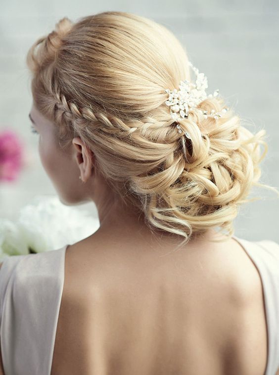 Side Braided Curly Low Updo Wedding Hairstyle - MODwedding