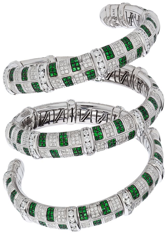 #Avakian flexible cuff #bracelet set with emeralds and diamonds