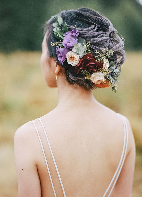 Colorful Flower Crown Updo Wedding Hairstyle