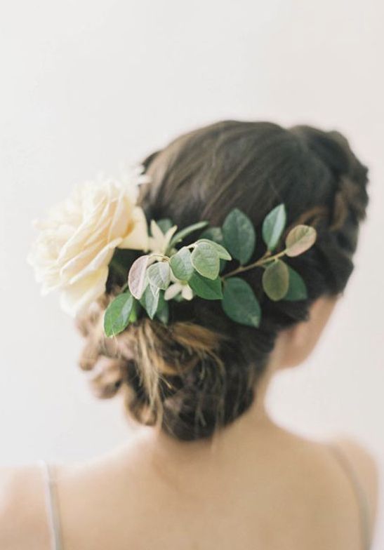 Braided Low Updo Leaf and Flower Hairpiece Wedding Hairstyle