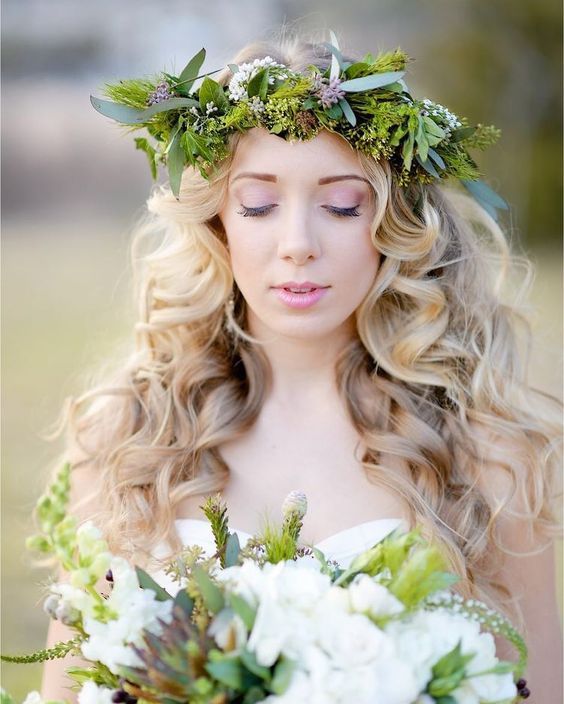 Boho Green Headpiece Curly Wedding Hairstyle - MODwedding