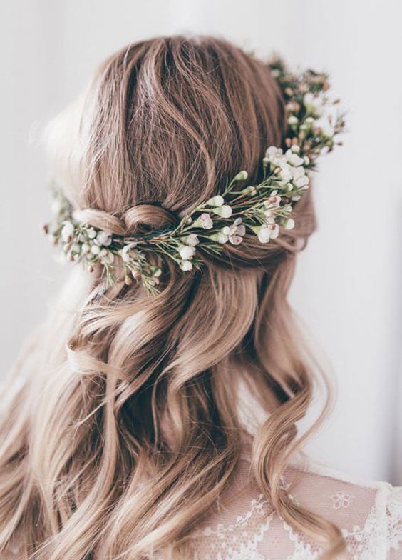 Boho Flower Crown Hair Wreath Wavy Wedding Hairstyle - MODwedding