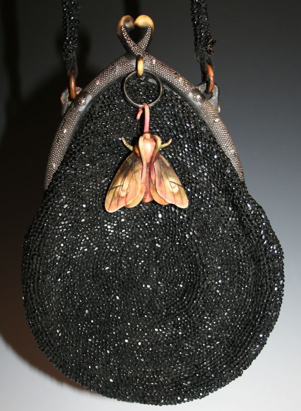 1930's Black Beaded Evening Bag with a Celluloid Moth dDecoration ..... #beadedh...