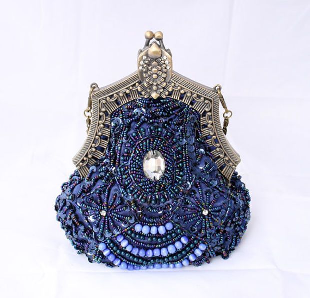 Beaded Sequin Purse Eveing Bag Royal Blue Art Deco Clutch, Old Hollywood Evening...