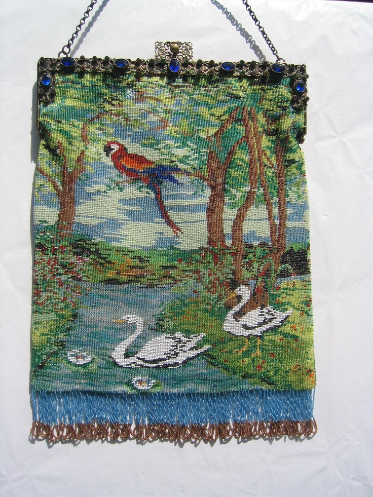 Micro Beaded purse with parrot and swans - jeweled frame - collection of Kathy G...