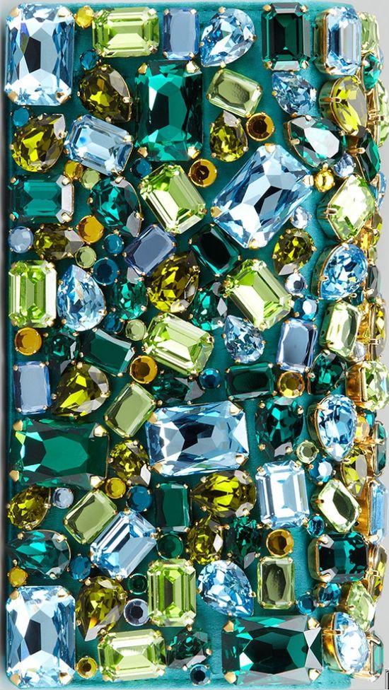 Turquoise Jeweled Satin Clutch Bag by Prada