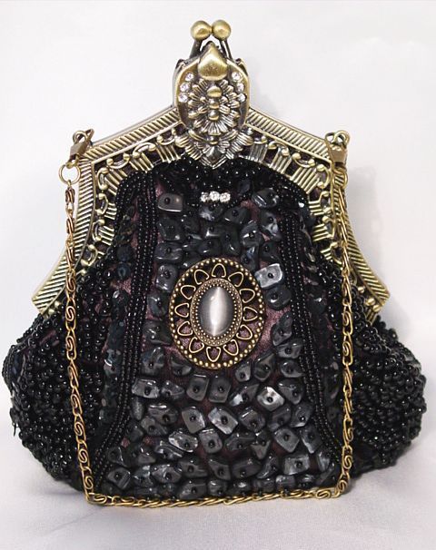 Victorian Style Fully Beaded Crystal Purse Evening Bag Available in Black and Br...