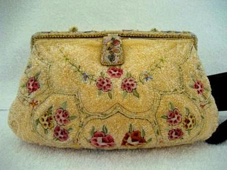 Vintage 1930 French gold beaded embroidered enameled evening purse