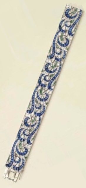 Fontana Frères - An Art Deco platinum, diamond, sapphire and emerald bracelet, ...