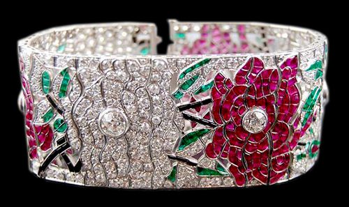 Platinum Diamond Ruby Emerald Onyx Flower Bracelet - Yafa Jewelry